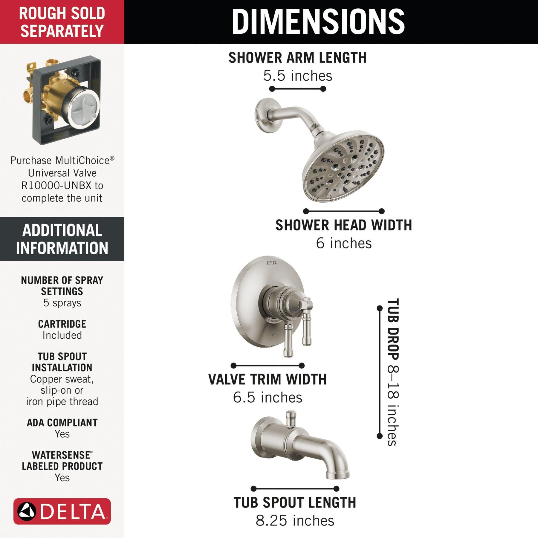 DELTA FAUCET Delta Faucet T17484-SS-PR Broderick Tub and Shower Trim 1.75 gpm 1-Handle