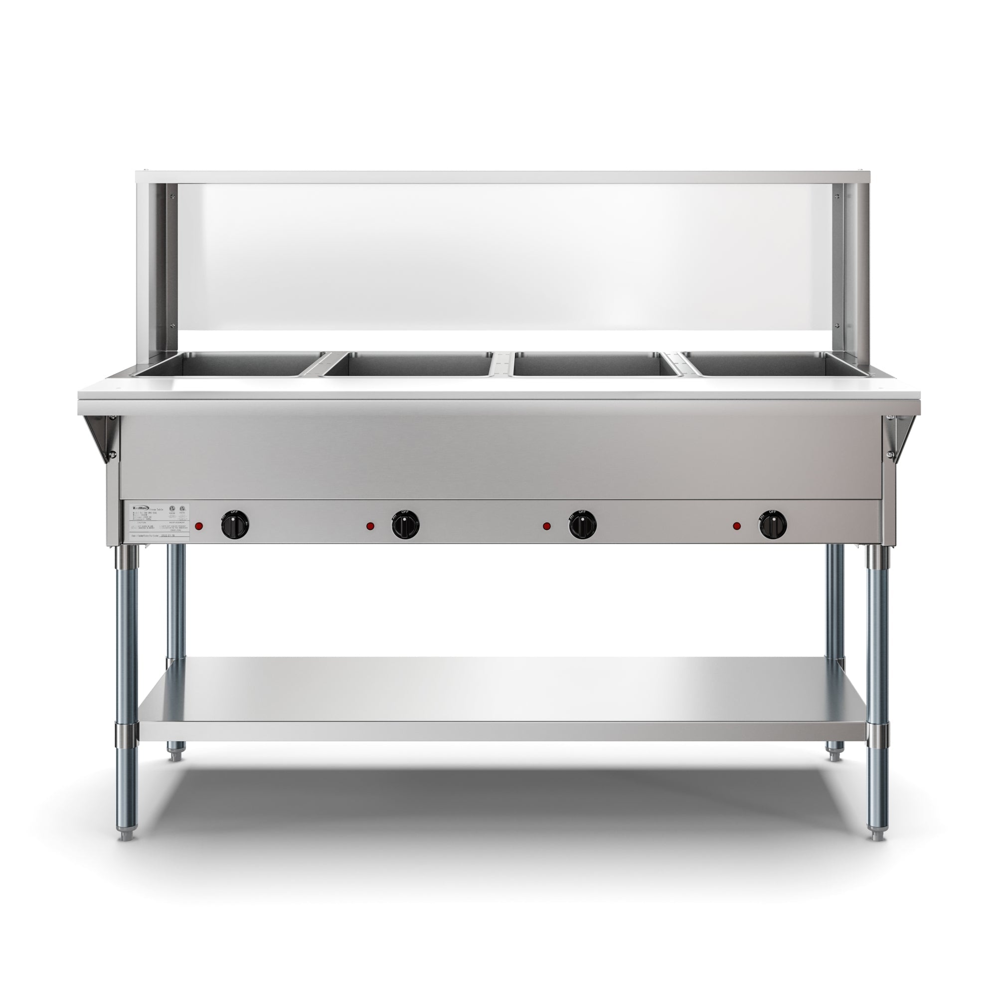 KOOLMORE Koolmore KM-OWS-4SG four pan open well electric steam table 2000 watt 58.1 inch with undershelf and sneeze-guard