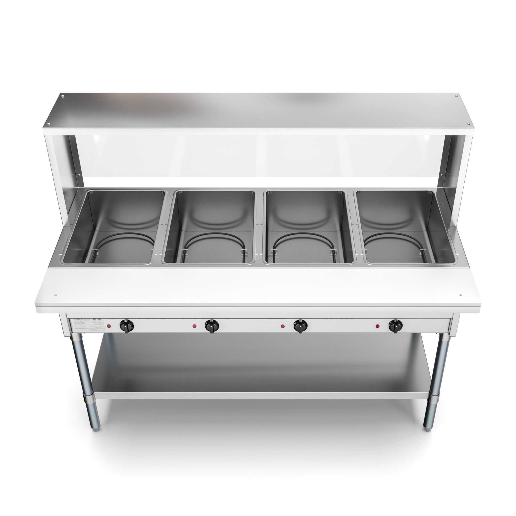 KOOLMORE Koolmore KM-OWS-4SG four pan open well electric steam table 2000 watt 58.1 inch with undershelf and sneeze-guard