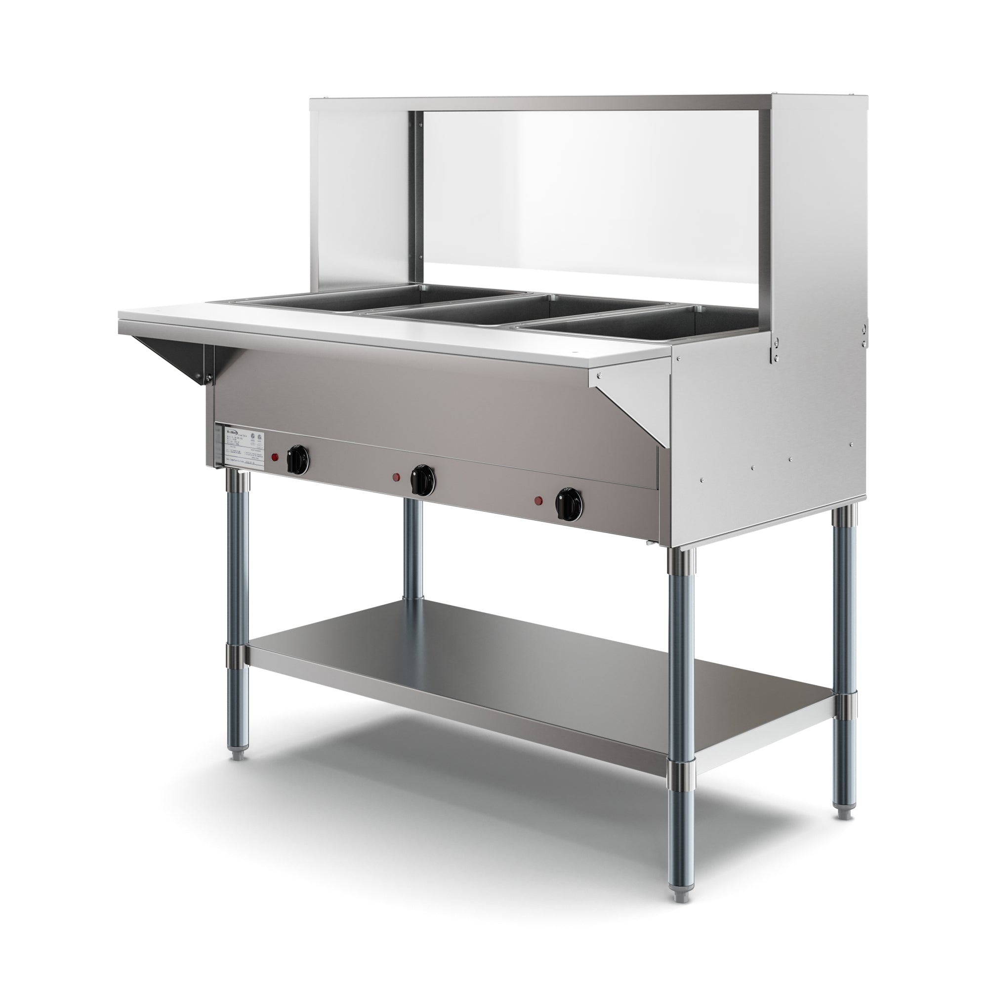 KOOLMORE Koolmore KM-OWS-3SG three pan open well electric steam table with undershelf and sneeze guard 1500W 120V 44.1 in.
