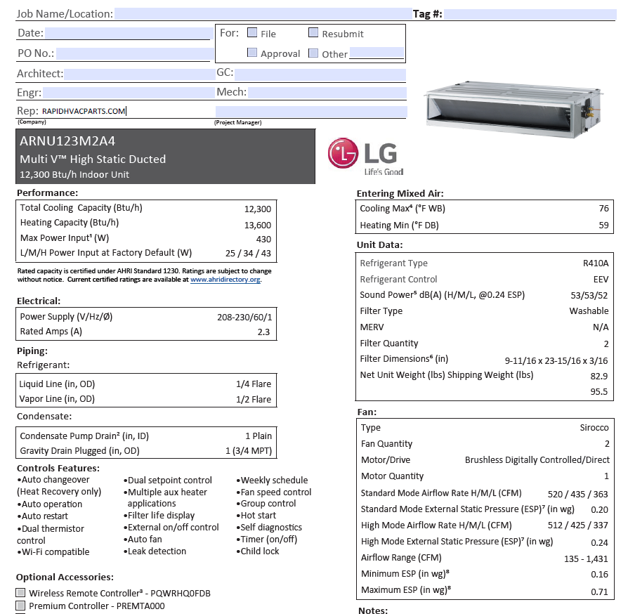 LG Lg ARNU123M2A4 Multi V High Static Ducted Indoor 12,000 Btu/hr (Replaces ARNU123BGA4)