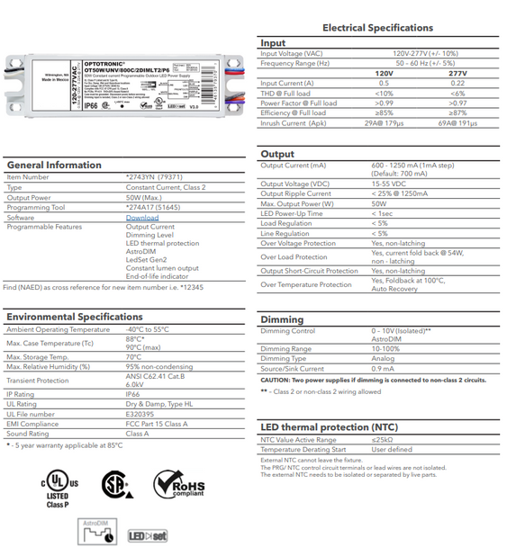 OSRAM Osram 79371 Optotronic Programmable Outdoor LED Driver 50W (Case 20) OT 50W UNV 1250C 2DIMLT2 P6