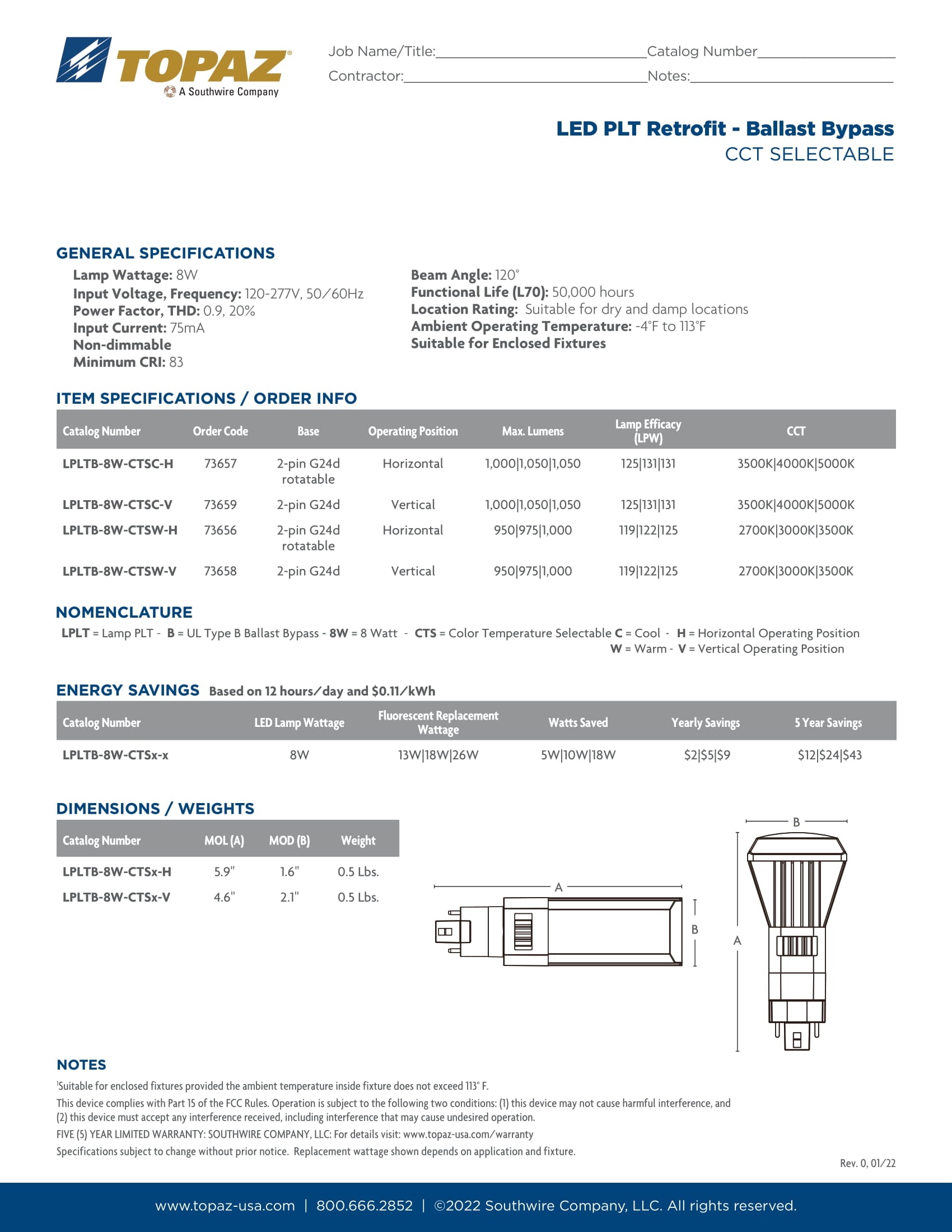 TOPAZ Topaz LPLTA-9W-CTSW-H UL Type A PLT 9W (Horizontal) LPLTA9WCTSWH
