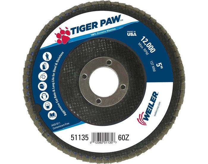 WEILER Weiler 51135 Tiger Paw Flap Disc 5 in (Type 27 60 Grit)