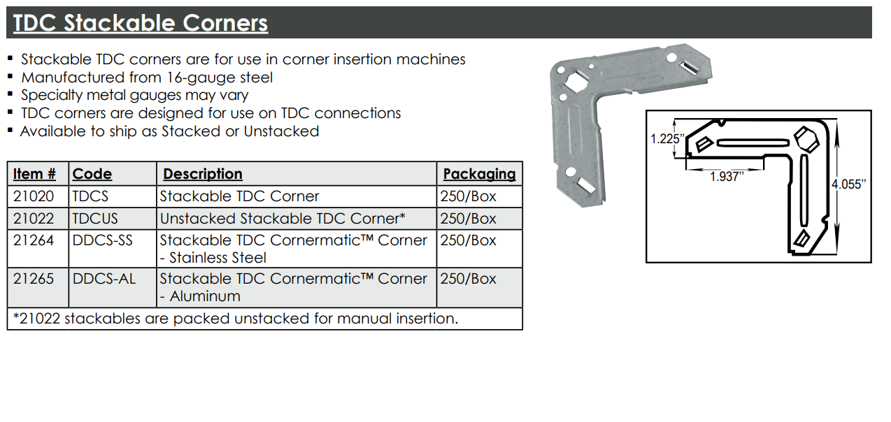 DURO DYNE Duro Dyne 21020 Stackable TDC Corner (250/Box)