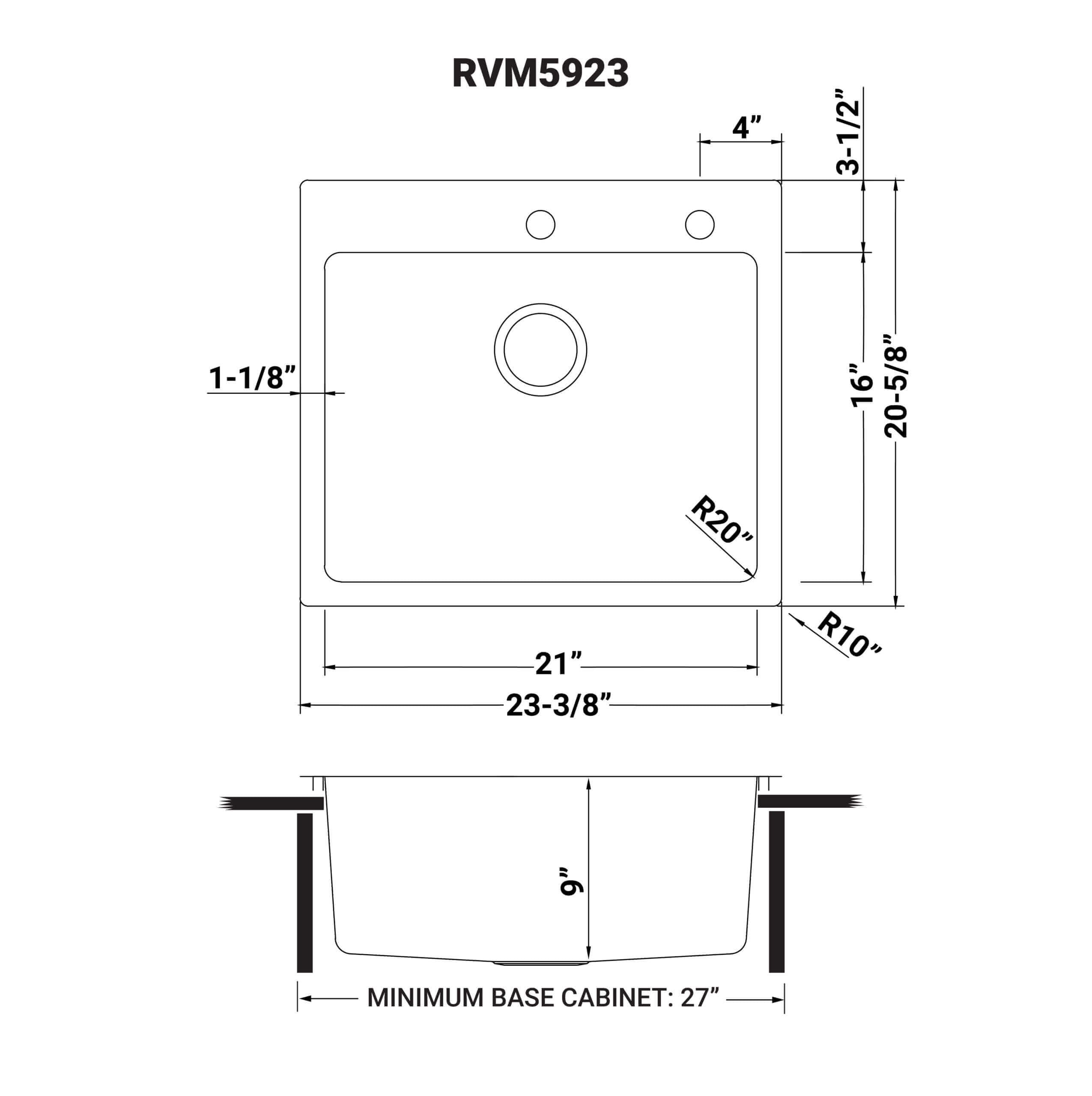 RUVATI Ruvati RVM5923 Modena Drop-in Topmount Single Bowl 16-Gauge 23-3/8 x 20-5/8 in. Replacement RRVM5923