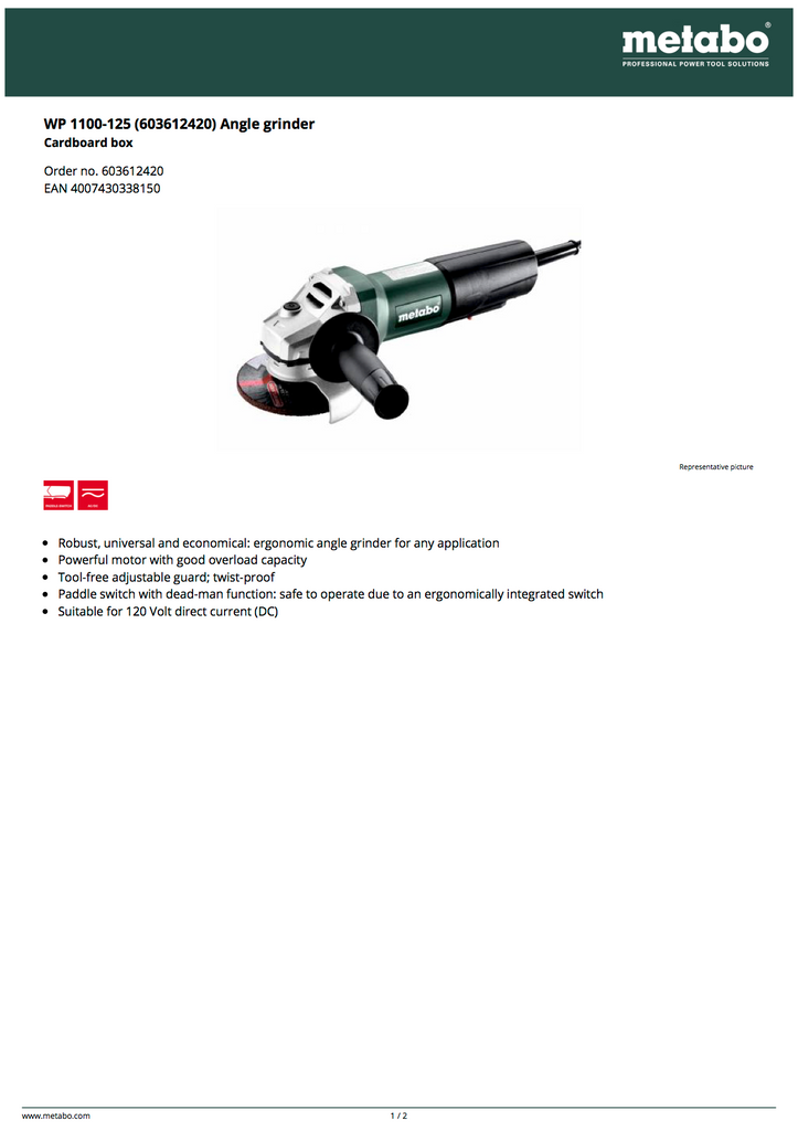 METABO Metabo 646612420 WP 1100-125 Angle Grinder 1100W (4.5/5 in)