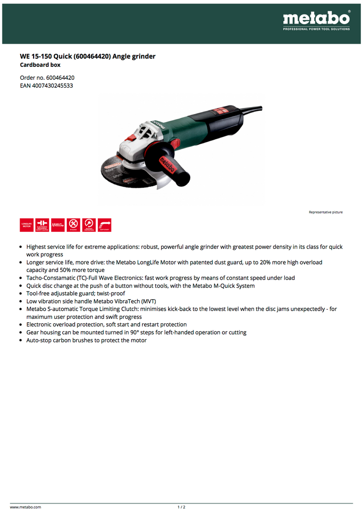 METABO Metabo 646464420 WE 15-150 Quick 13.5 Amp 6 in Angle Grinder 646464420