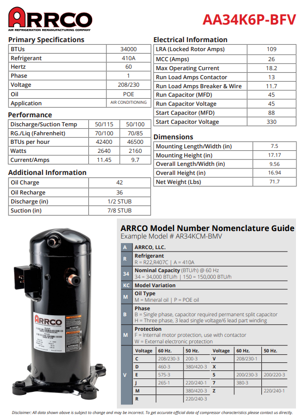 ARRCO Arrco AA34KP-BFV Scroll Compressor 34,000 BTU (3 Ton) ZP34K_E-PFV