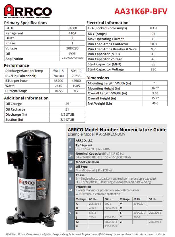 ARRCO Arrco AA31KP-BFV Remanufactured Compressor with Kit 31,000 BTU (2.5 Ton) ZP31K5E-PFV