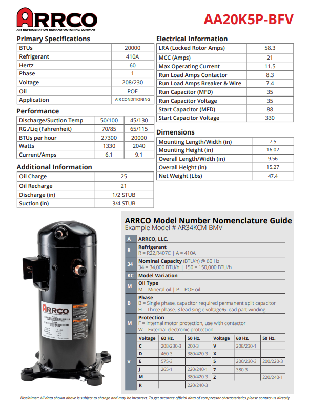 ARRCO Arrco AA20KP-BFV Remanufactured Scroll Compressor Kit 20,000 BTU (208/230V) ZP20K_E-PFV