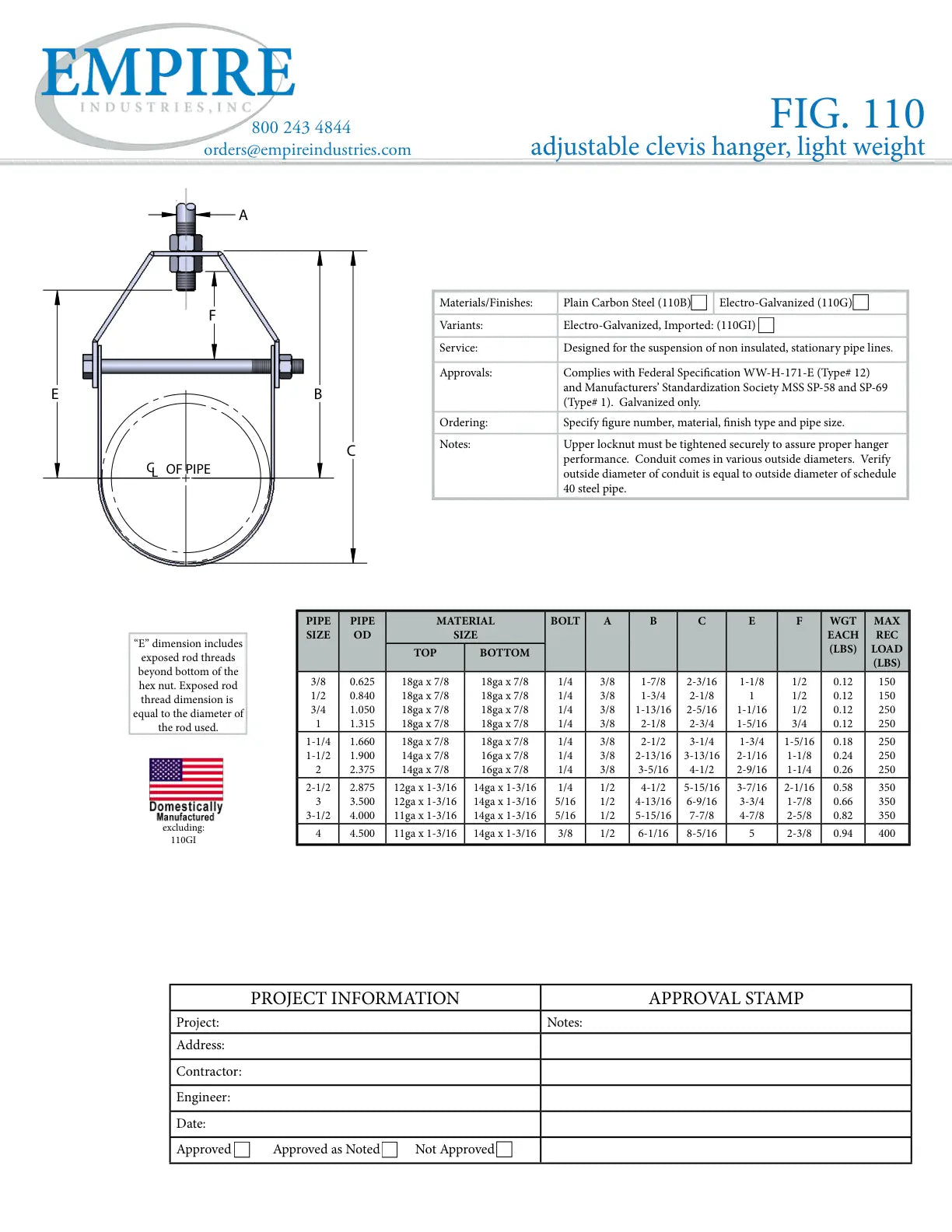 EMPIRE INDUSTRIES Empire Industries 110G0400 Clevis Light Weight Electro-Galvanized 4 in (4 in pipe, 1/2 in rod)