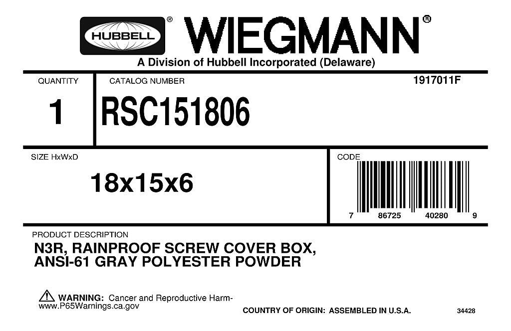 WIEGMANN Wiegmann RSC151806 NEMA 3R Wall Mount Enclosure 18 x 15 x 6 in