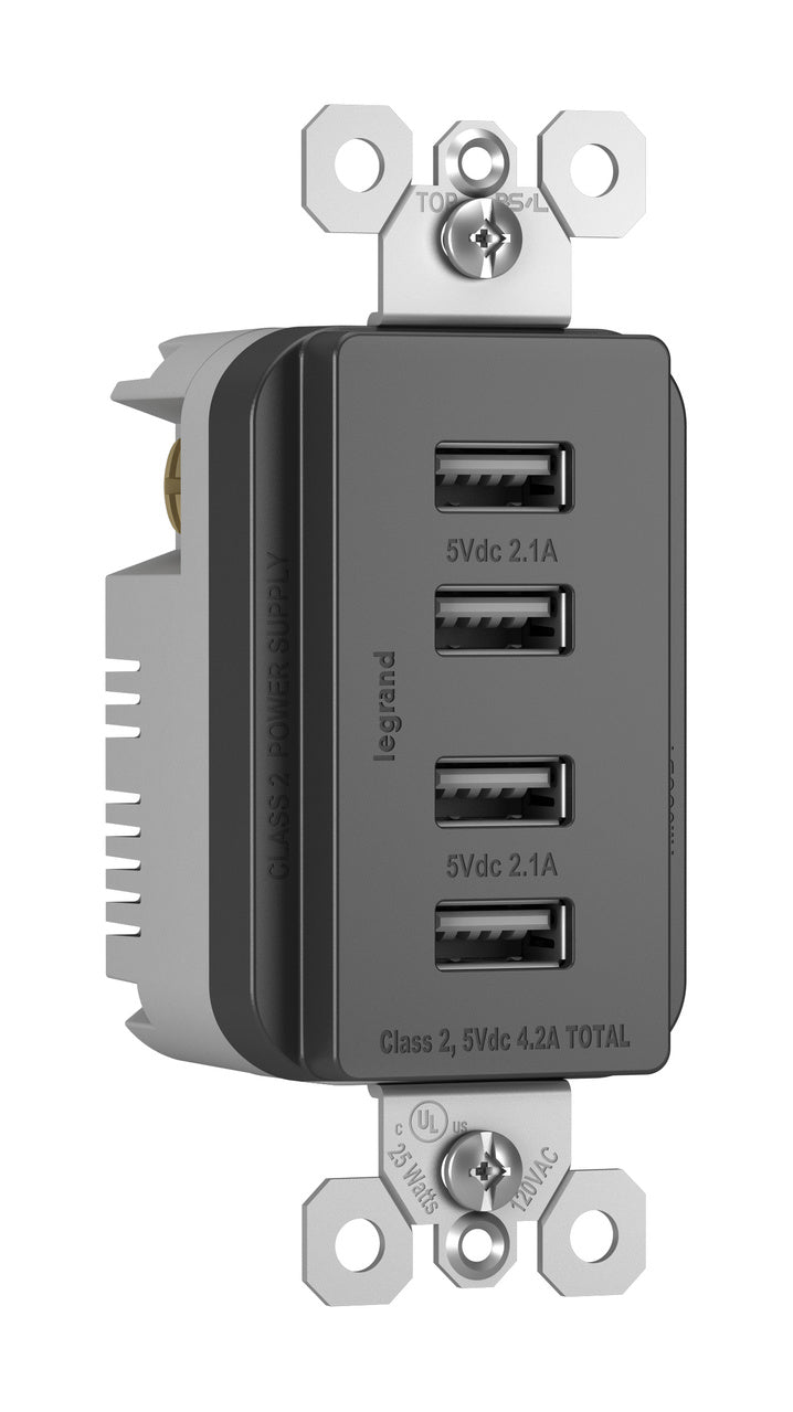 LEGRAND Legrand TM8USB4-BKCC6 Radiant 4.2A Quad Type A USB Charger (4 ports) LGR-TM8USB4BKCC6