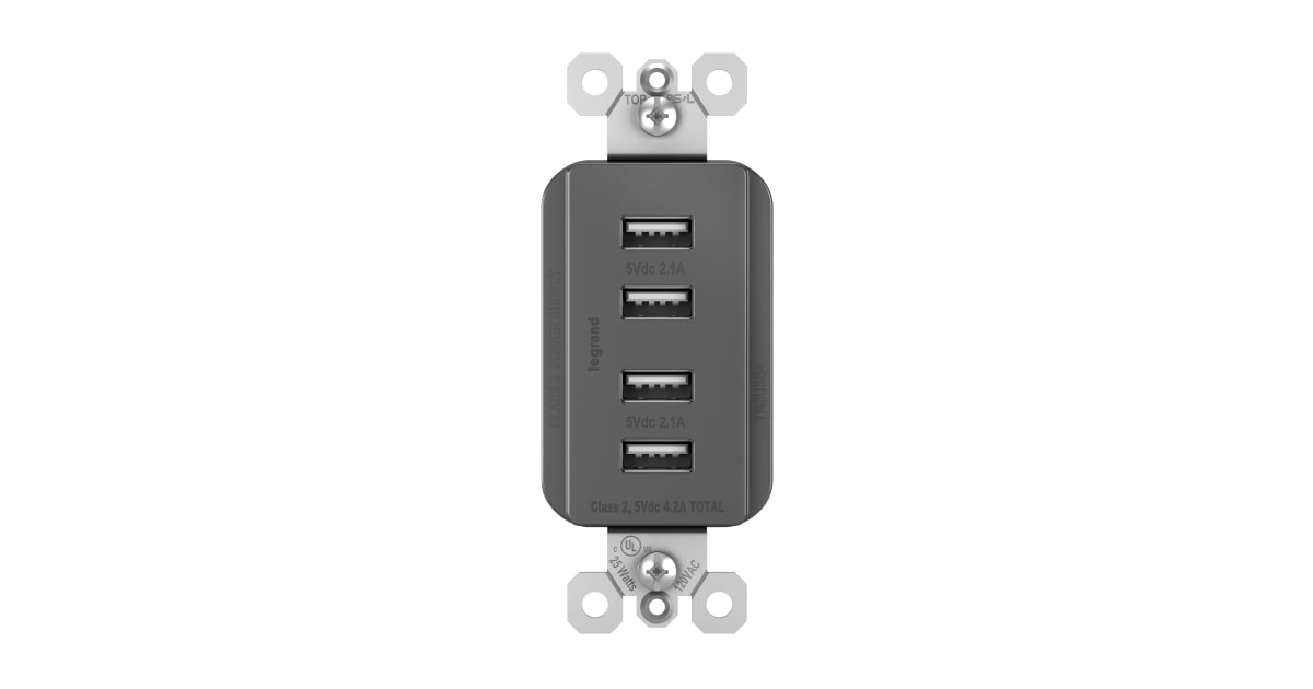 LEGRAND Legrand TM8USB4-BKCC6 Radiant 4.2A Quad Type A USB Charger (4 ports) LGR-TM8USB4BKCC6