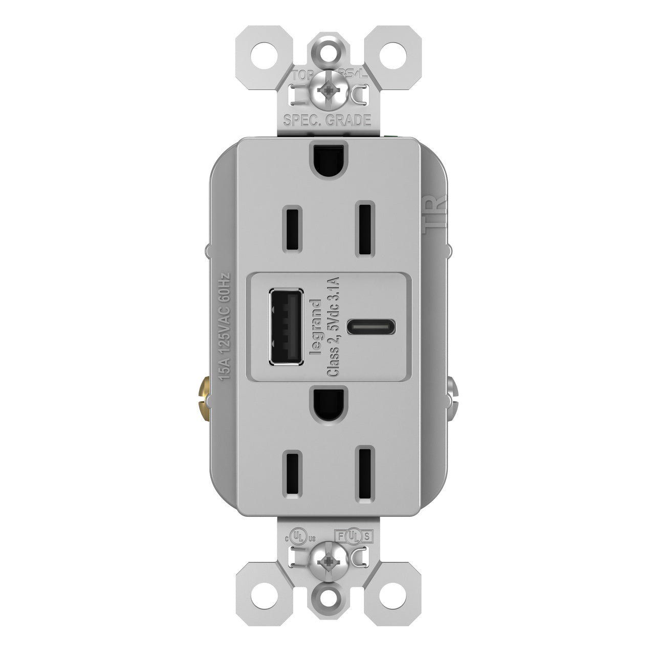 LEGRAND Legrand TR15USBACGRY 15A 125V Duplex Tamper-Resistant Receptacle with USB-A and USB-C (1 Pack)