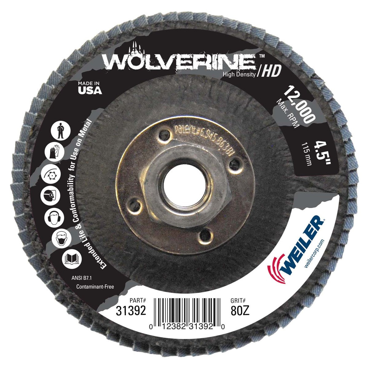 WEILER Weiler 31392 Wolverine Flap Disc (4-1/2 in, Type 27, 80 Grit, 5/8-11 Nut)