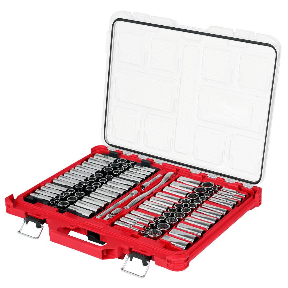 MILWAUKEE Milwaukee 48-22-9285 3/8 in drive 6-point and 12-point metric and SAE ratchet and socket set 98-piece with PACKOUT low-profile organizer