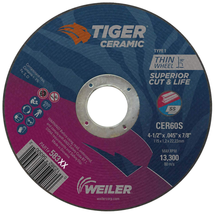 WEILER Weiler 58307 Tiger Ceramic Type 27 Cutting Wheel 5 in x 0.045 in x 7/8 in (25 per Pack)