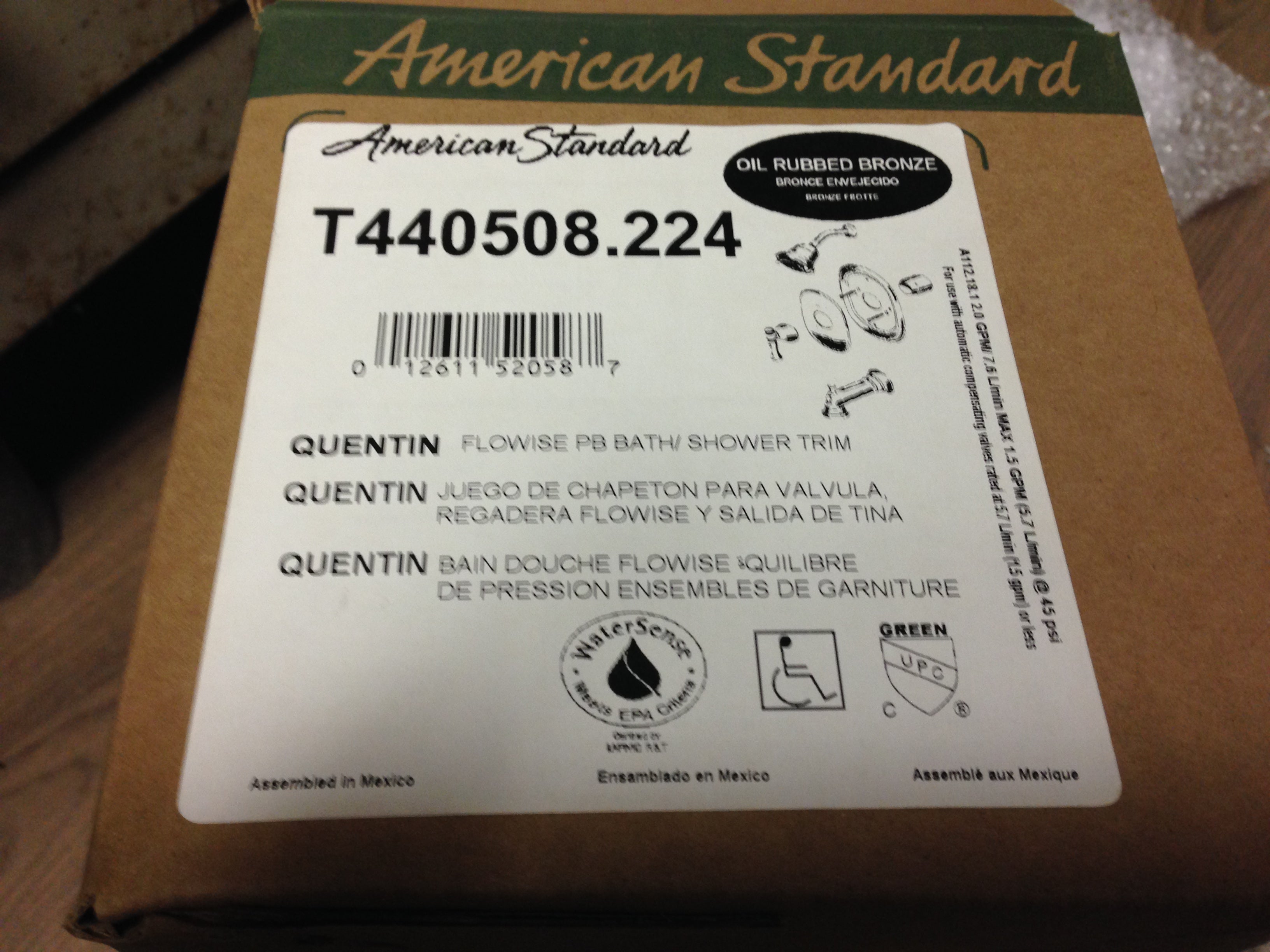 AMERICAN STANDARD American Standard T440508.224 Quentin Oil Rubbed Bronze Pressure Balanced Bath And Shower Trim Flowise Water Saving 3 Function Shower Head