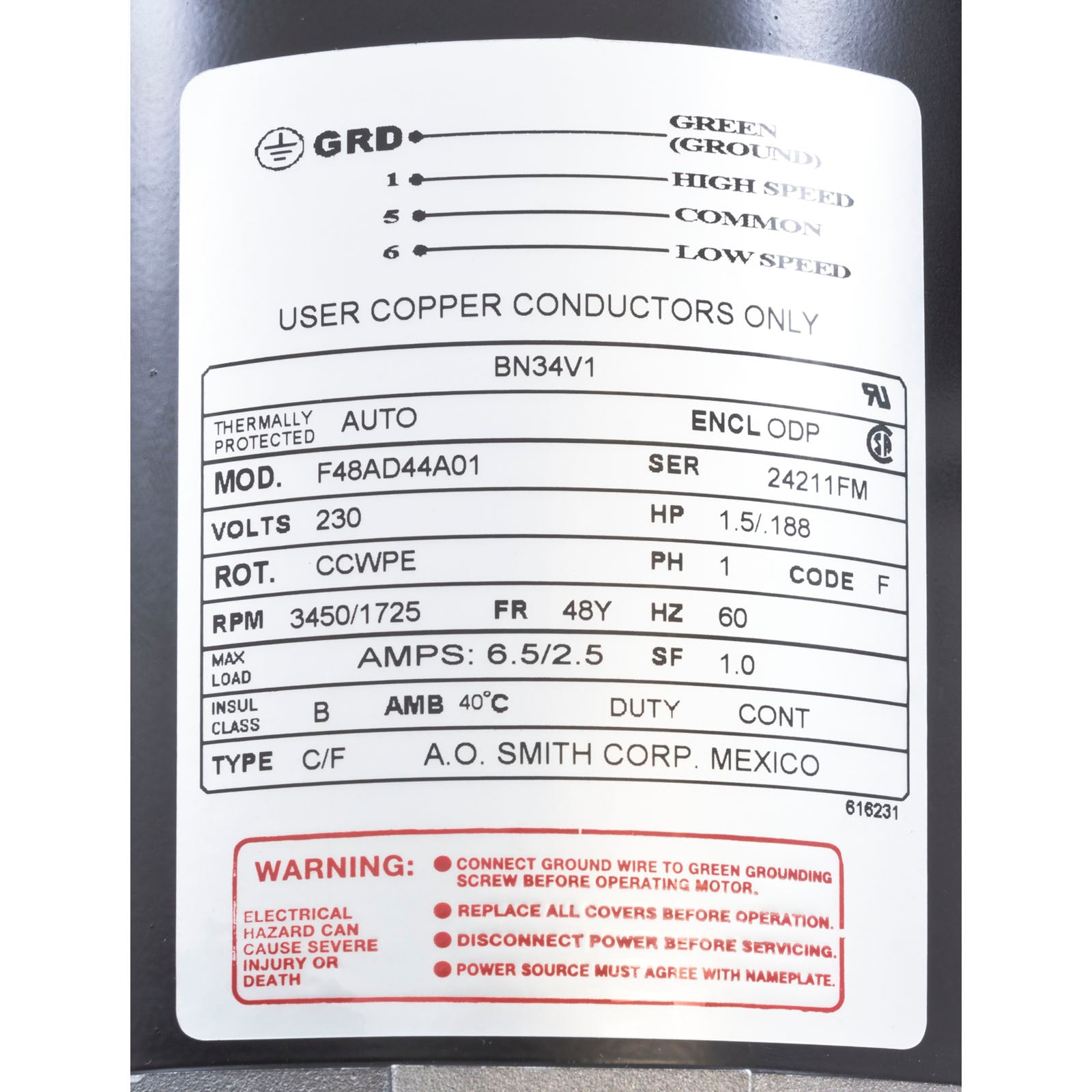 CENTURY MOTORS Century BN34V1 Motor 1.5hp 230v 2-Speed 48 Frame