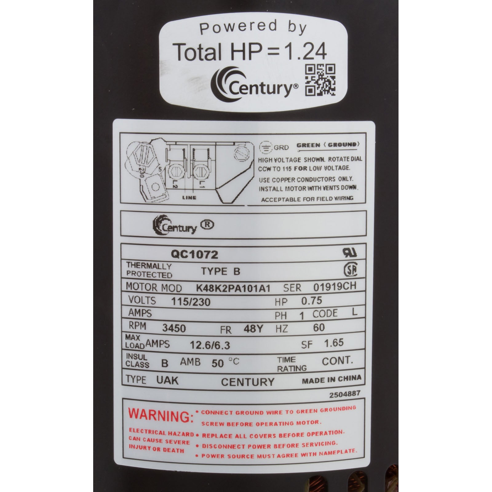 CENTURY MOTORS Century QC1072 Pool and Spa Motor 0.75hp 115v/230v 1-Spd 48Y Frame SQFL Full