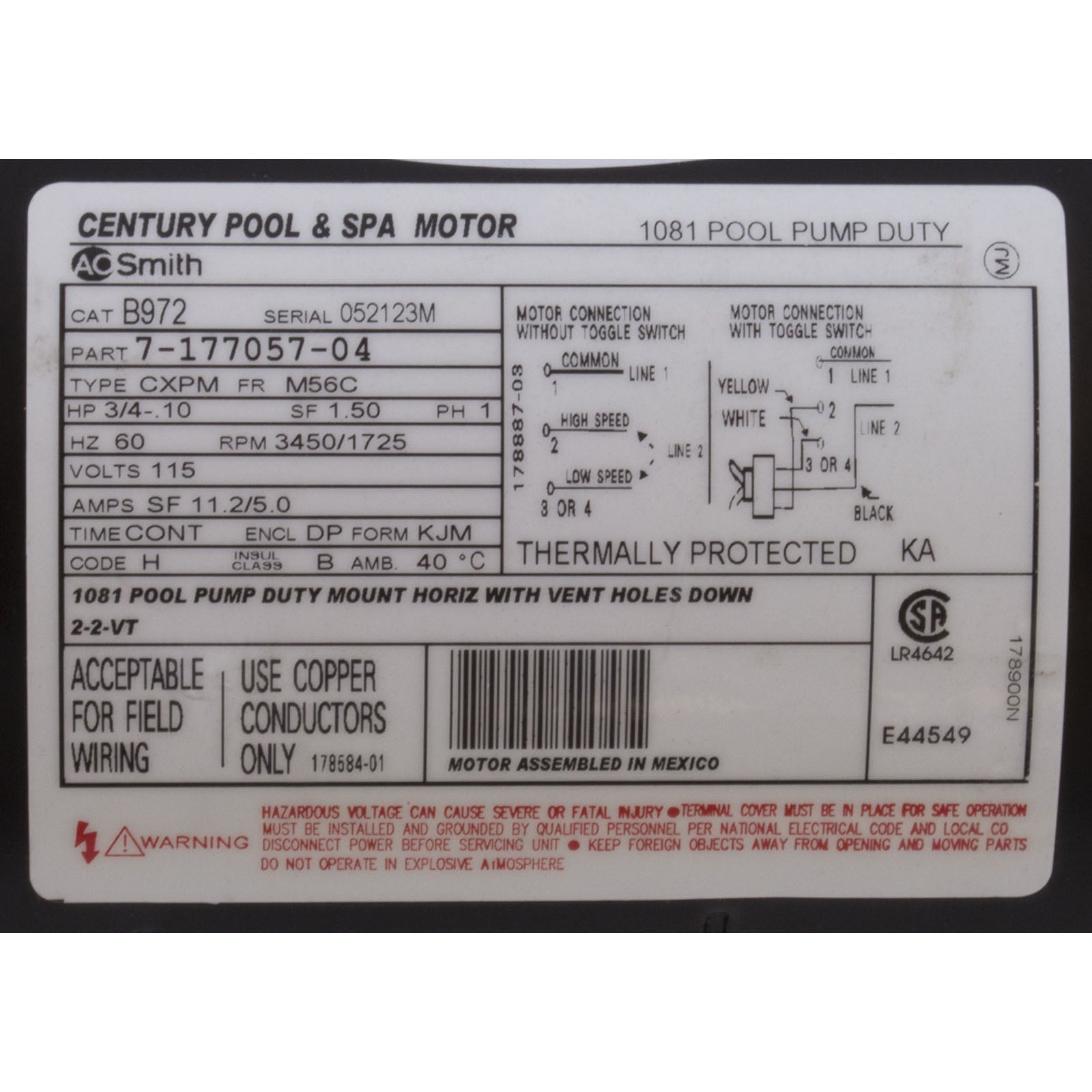CENTURY MOTORS Century B972 3/4-1/10 HP 115v Pool Pump Motor 1 PH 3600 RPM 56C Frame ODP