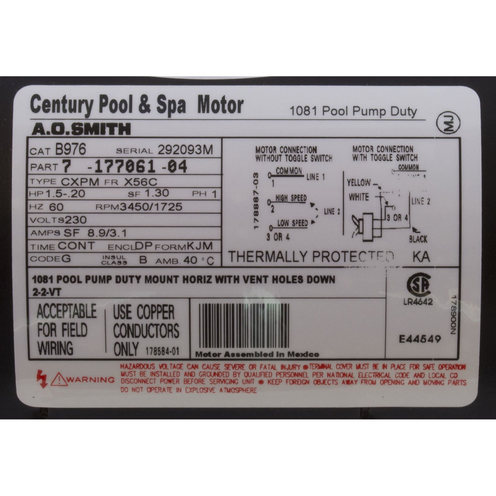 CENTURY MOTORS Century B976 Pool Pump Motor 1.5 HP 56C Frame