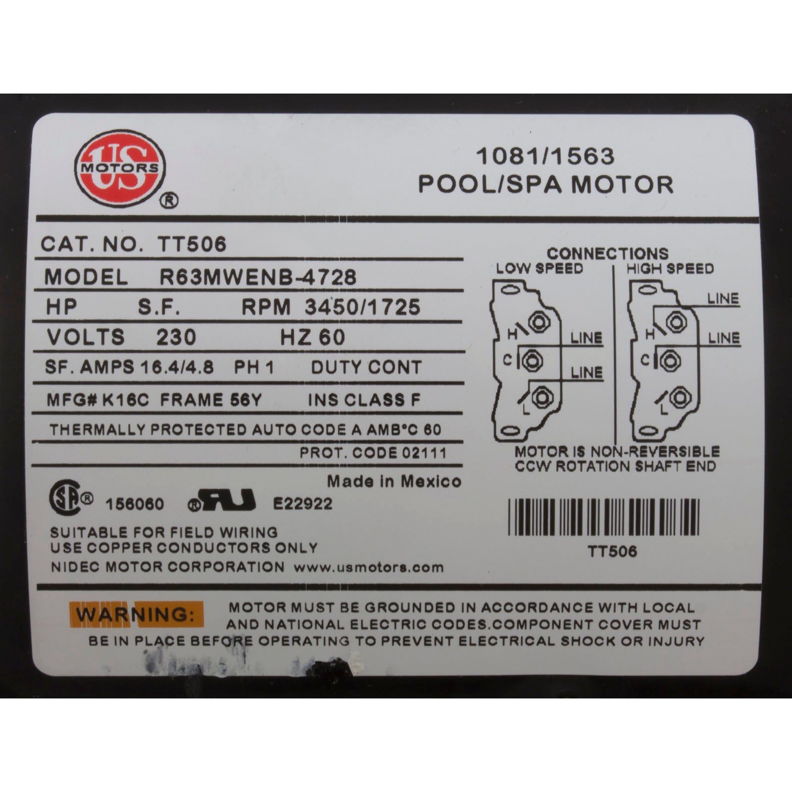 US MOTORS Nidec Motor Corp TT506 Motor US Motor/WW 5.0hp 230v 2-Speed 56Y Frame Replacement TT506