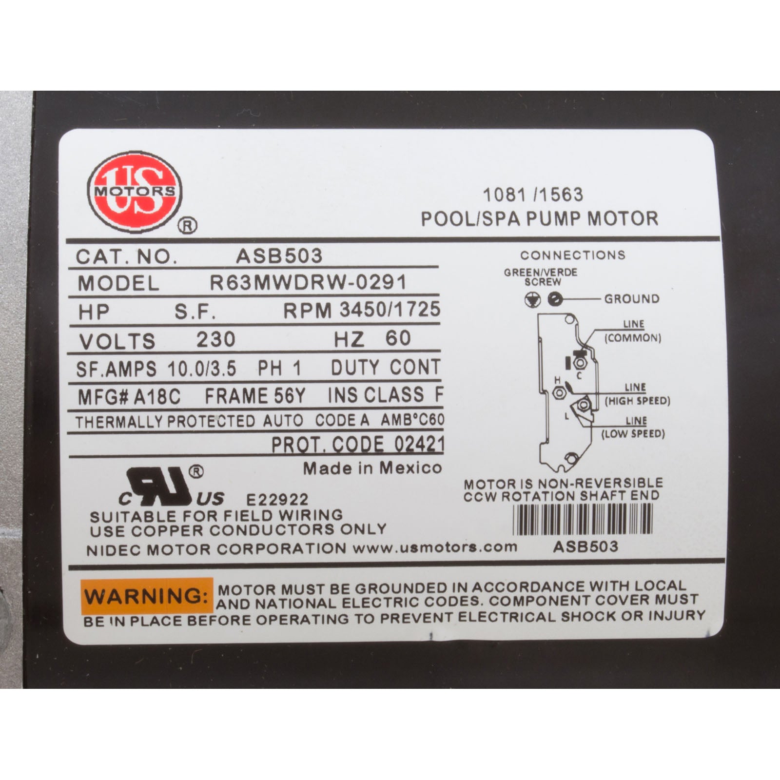 US MOTORS US Motors ASB503 Motor WW 1.0hp 230v 2-Speed 56Y Frame