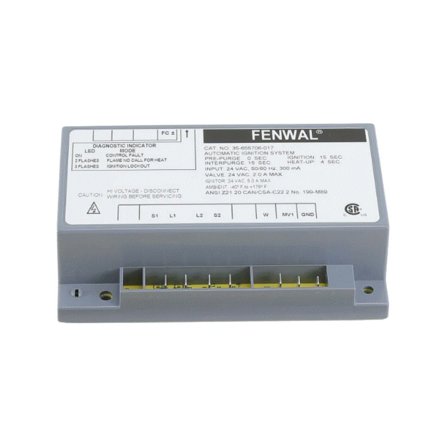 LAARS Fenwal 35-655706-017 Hot Surface Ignition Control 24v w/ 0 sec. Prepurge (15 sec. TFI)