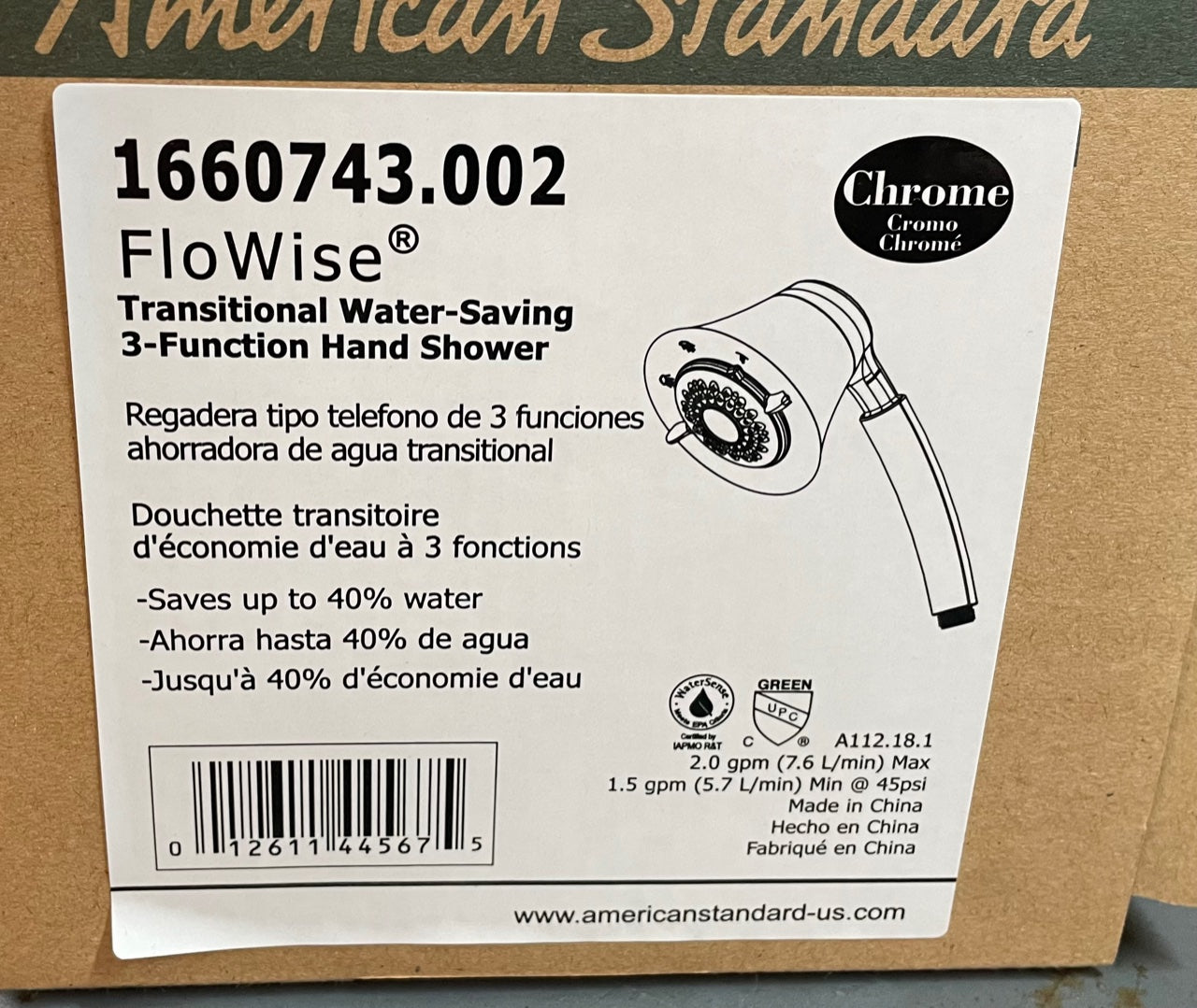 AMERICAN STANDARD American Standard 1660743.002 Flowise Chrome Transitional Water-Saving 3-Function Hand Shower