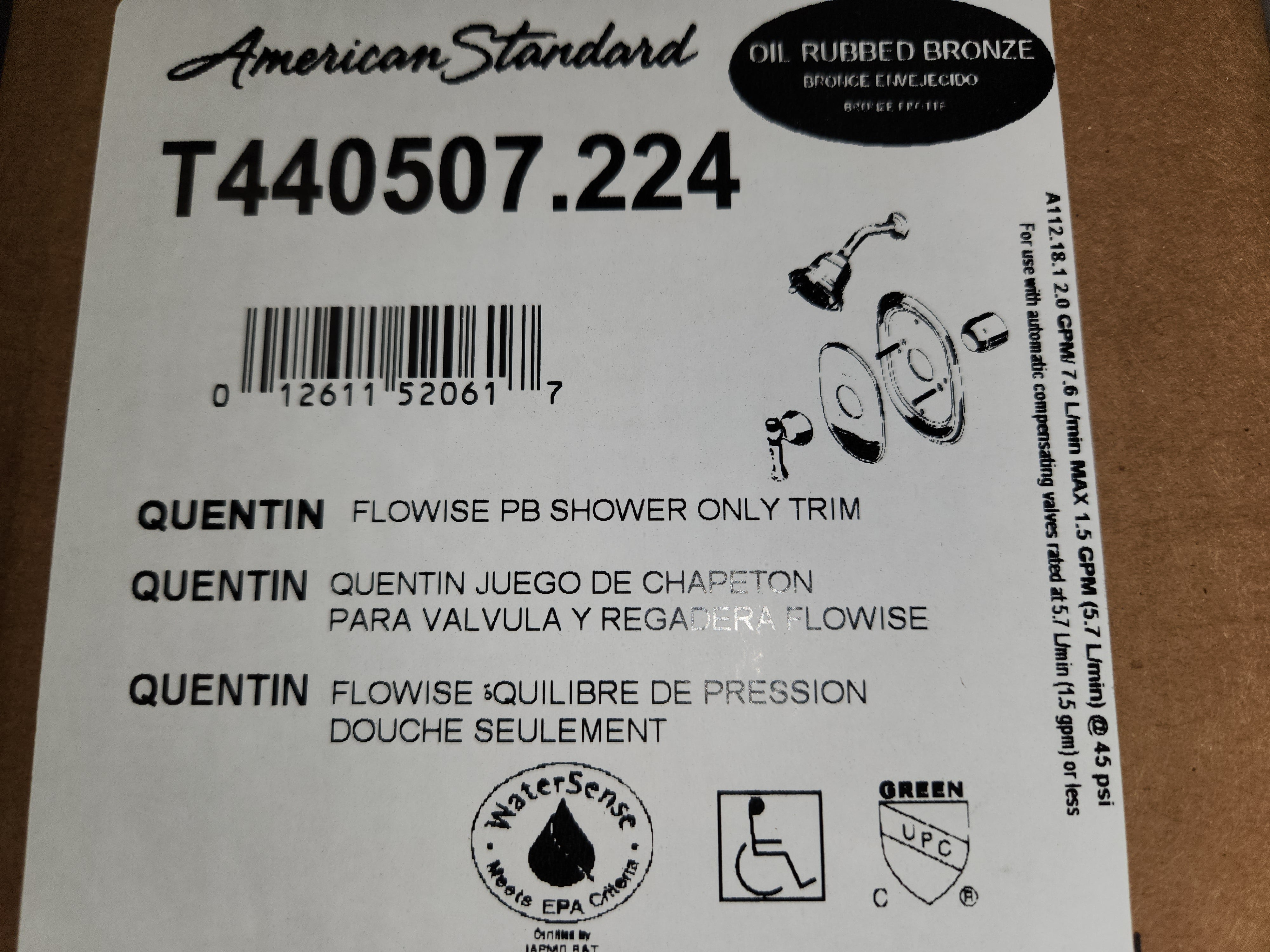 AMERICAN STANDARD American Standard T440507.224 Quentin Oil Rubbed Bronze Pressure Balanced Shower Only Trim With Flowise Water Saving 3 Function Shower Head Less Valve Body