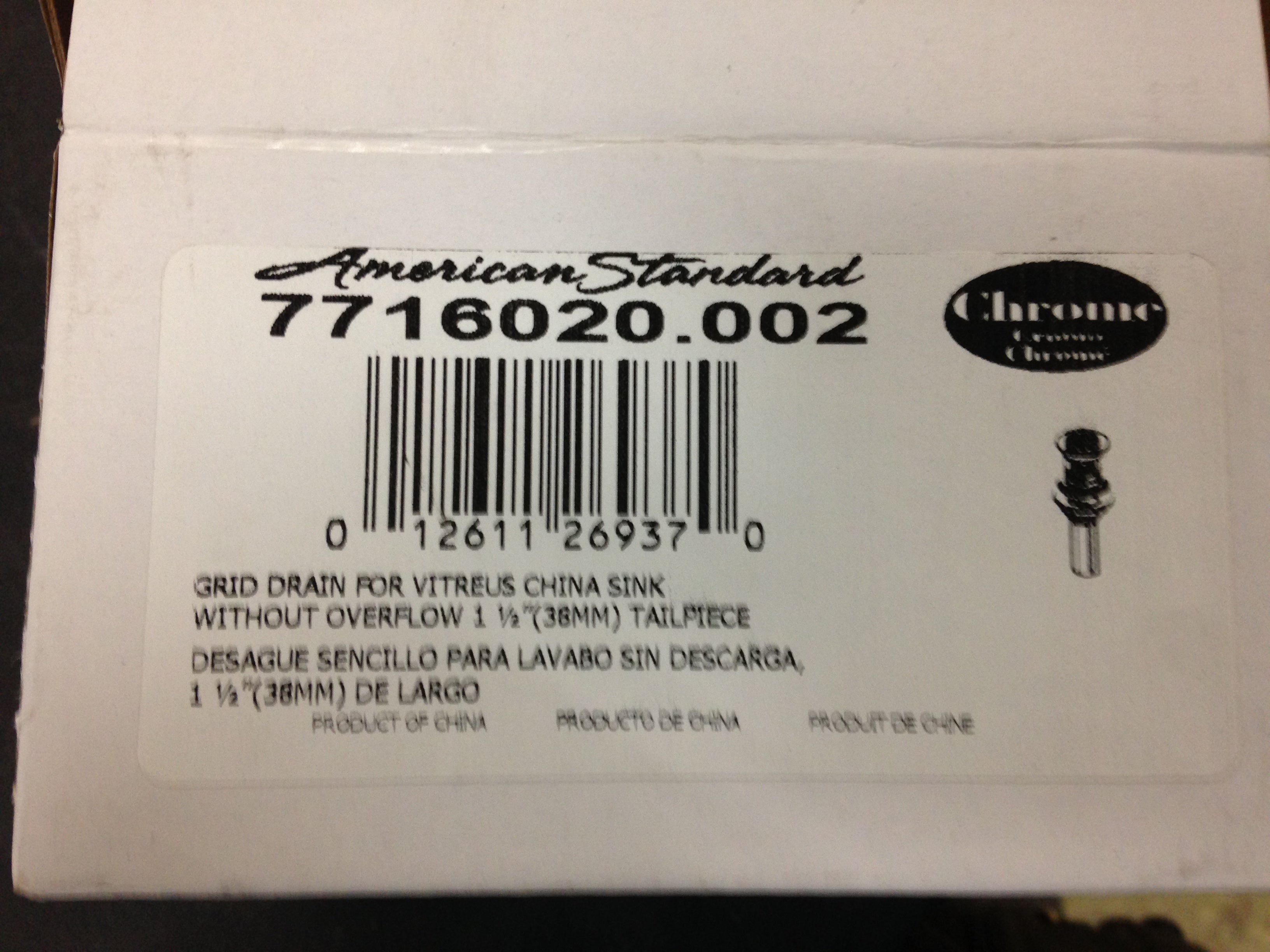 AMERICAN STANDARD American Standard 7716020.002 Heritage Grid Drain For Virteus China Sink Without Overflow 1 1/4 Tailpiece Chrome