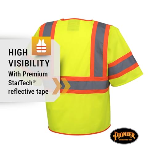 PIONEER Pioneer V1023560U-2XL High Visibility Tricot Sleeved Safety Vest Reflective Tape 4 Pockets Yellow Green Unisex XX-Large
