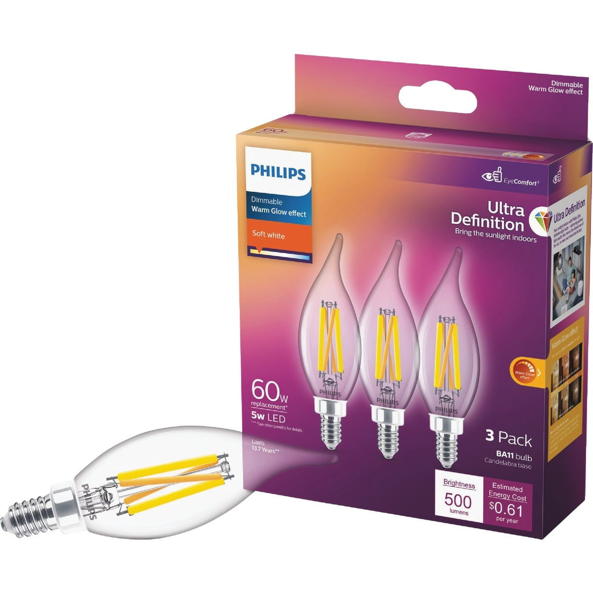 PHILIPS Philips 566687 BA11 Antique Filament LED Bulb 5W (3 Pack) Replaces 60W