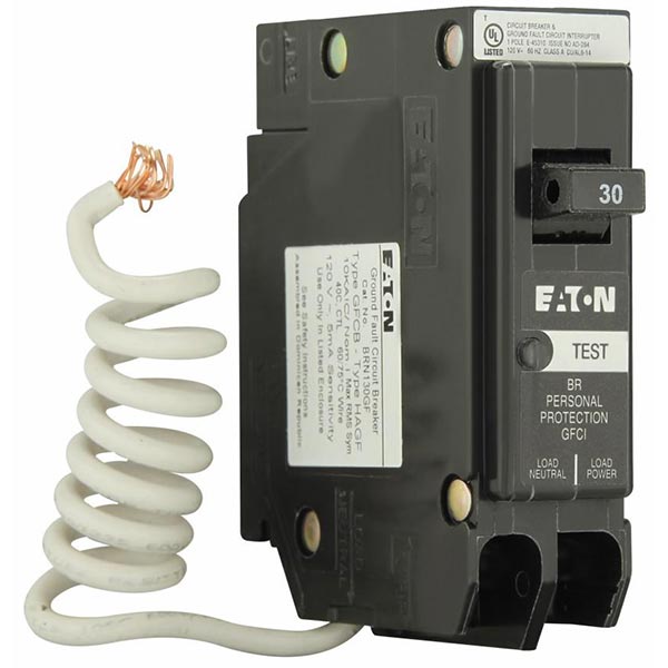 EATON Eaton BRN130GF ETN BR GFCI Circuit Breaker, 30 A, 1 Pole, 10 kAIC, Pigtail Neutral