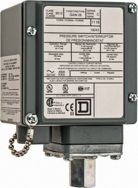 SCHNEIDER ELECTRIC Square D 9012GAW26 Pressure Switch 5-250 Psig Dpdt