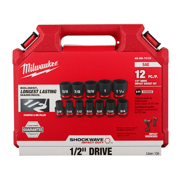 MILWAUKEE Milwaukee 49-66-7010 12PCSHOCKWAVE Impact Duty 1/2 Drive SAE Standard 6 Point Socket Set