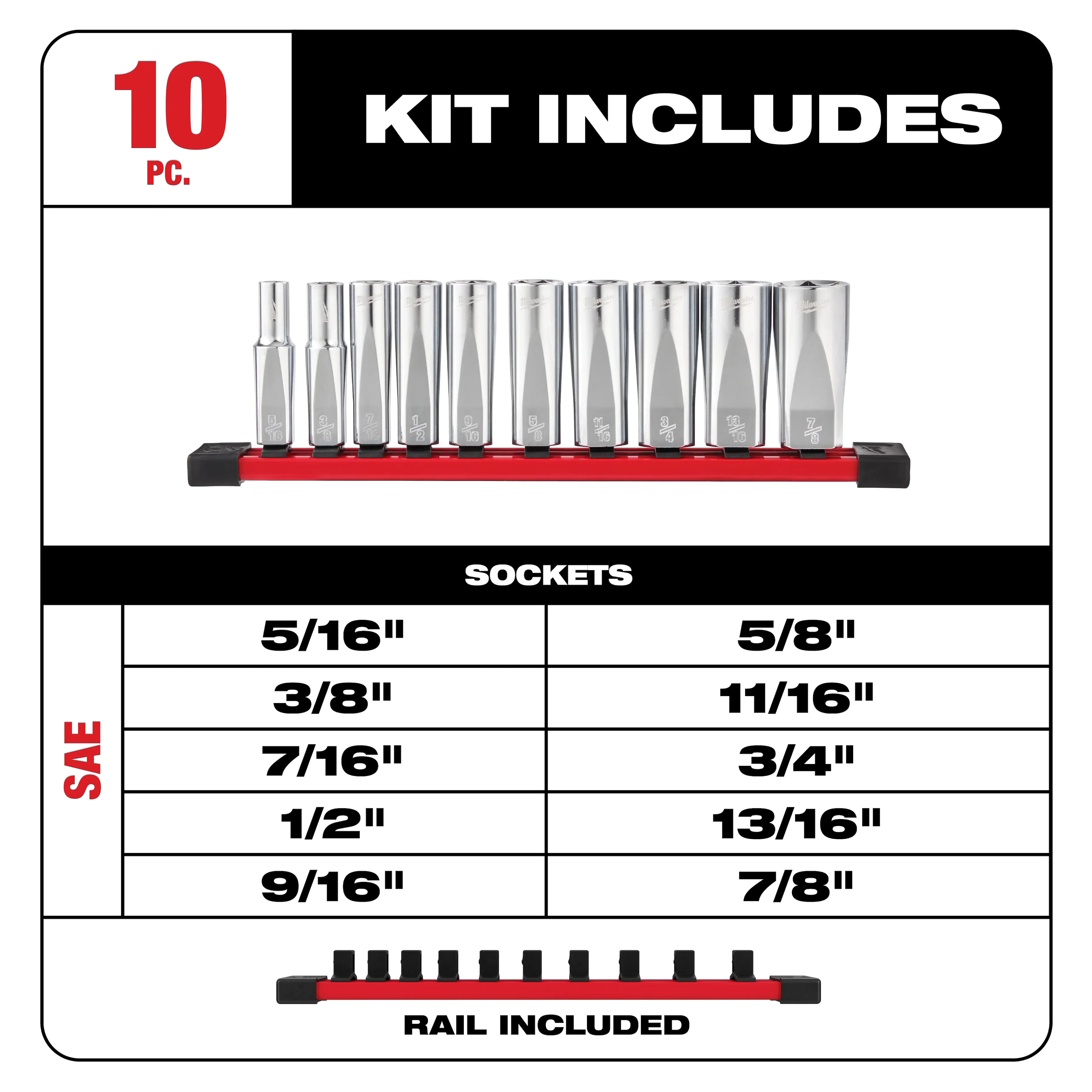 MILWAUKEE Milwaukee 48-22-9405 3/8 in Drive 10-Piece SAE Deep Well Socket Set (Four Flat Sides)