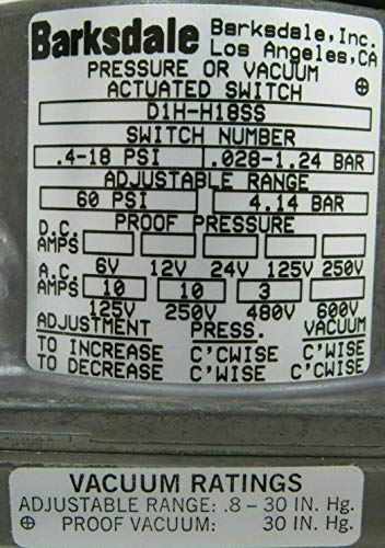 BARKSDALE Barksdale D1H-H18SS Pressure Vacuum Actuated Switch 10A Adjust Range 0.4-18 PSI Diaphragm Pressure Proof Press 60 PSI