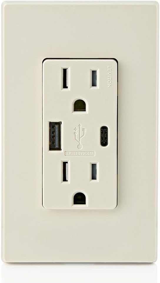 LEVITON Leviton T5633-T Combination USB Charger/Duplex Receptacle 15A 125VAC 25W