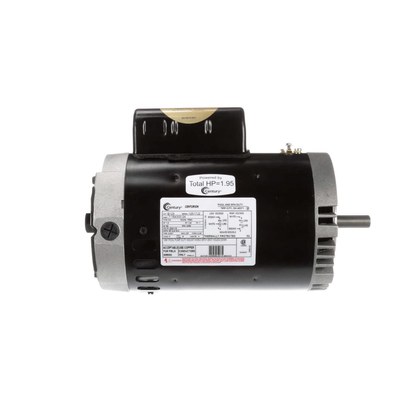 CENTURY MOTORS Century B123 Pool Motor, 1-1/2 HP, 3450 RPM, 115/230VAC