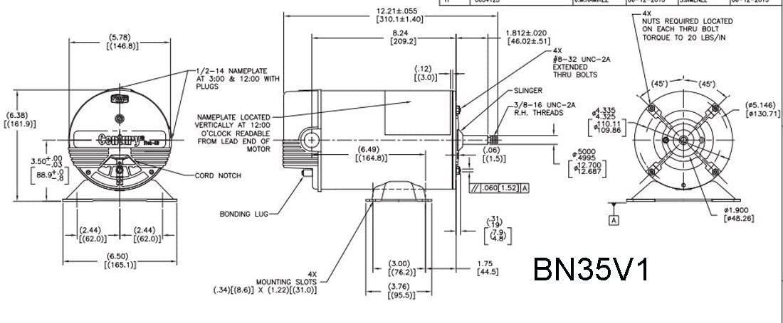 CENTURY MOTORS Century BN35V1 Pool Pump Motor 1-1/2 HP 3450 RPM 115/230V