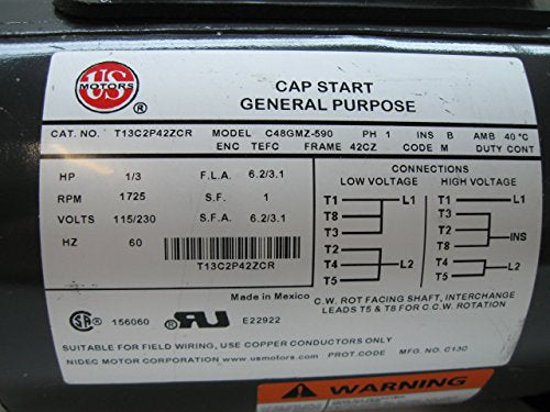 US MOTORS US Motors T13C2P42ZCR General Purpose Motor 1/3 Hp 115/230 Vac