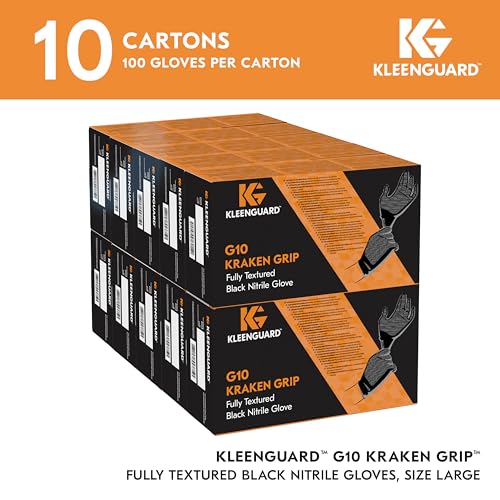 KLEENGUARD Kleenguard 49277 Kraken Grip Fully Textured Black Nitrile Gloves 6 Mil Large 100 Gloves Box 10 Boxes Case
