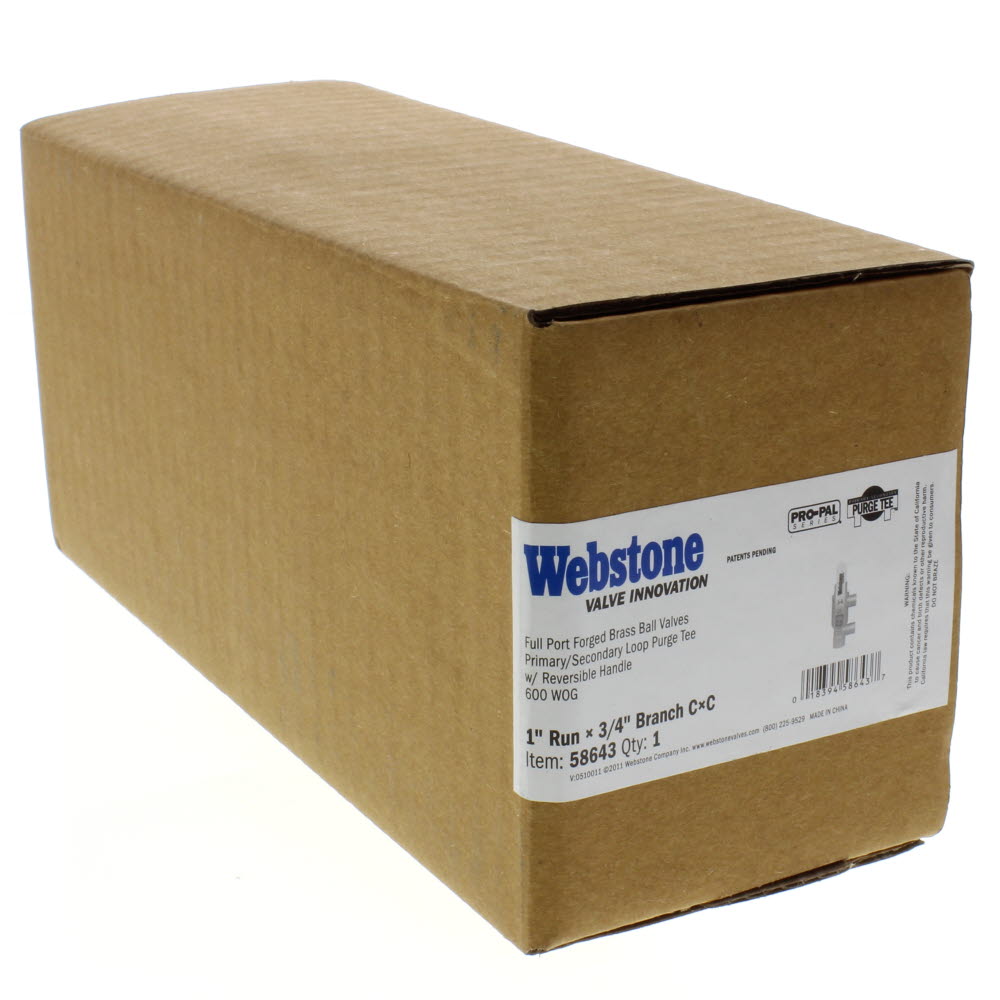 WEBSTONE Webstone 58643 1 x 3/4 Pro-Pal Full Port Brass Ball Valve w/ Reversible Handle Primary/Secondary Loop Purge Tee 600 WOG