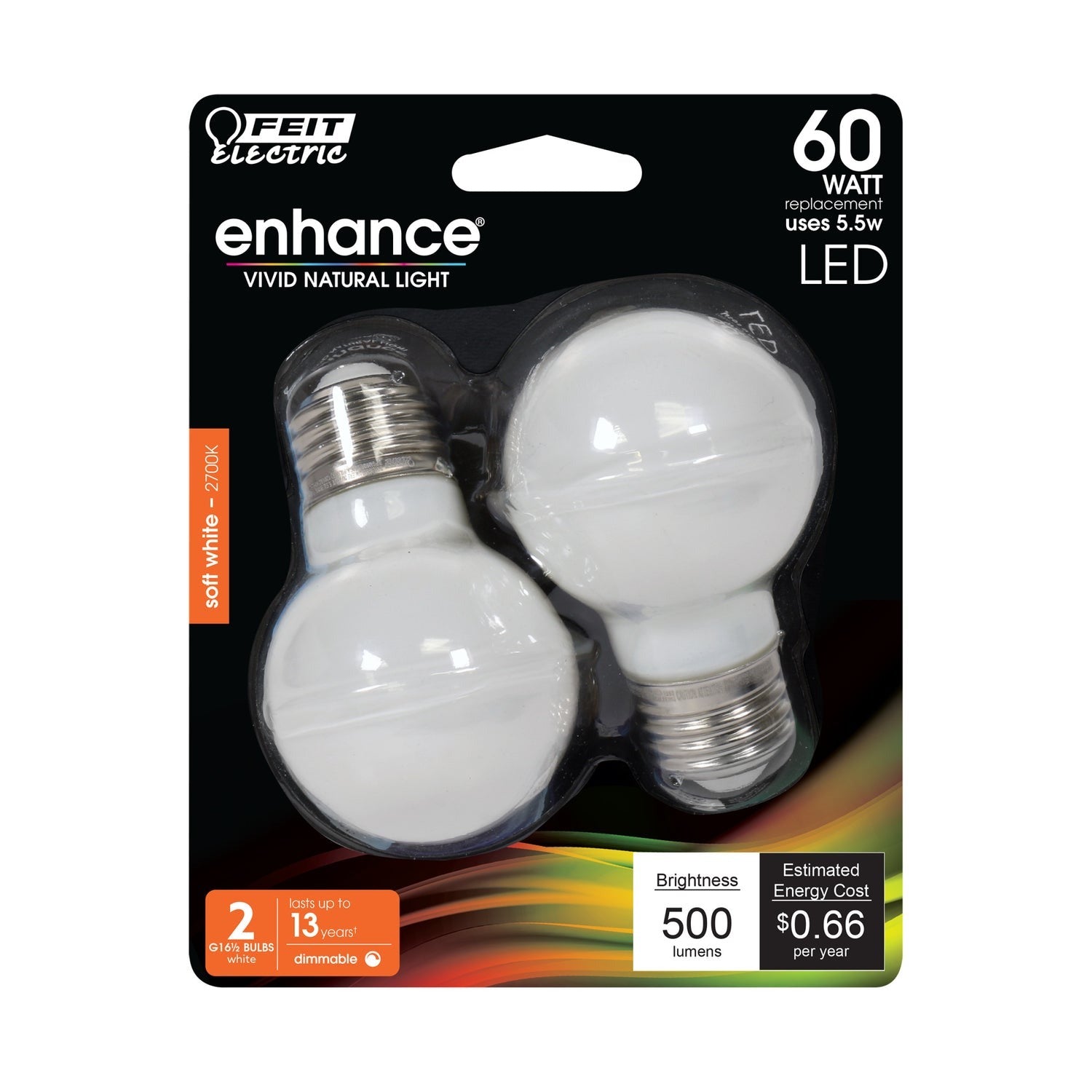 FEIT ELECTRIC Feit Electric BPGM60W927CAFIL/2 G16-1/2 globe filament LED bulb 5.5W (2-pack) 60W equivalent