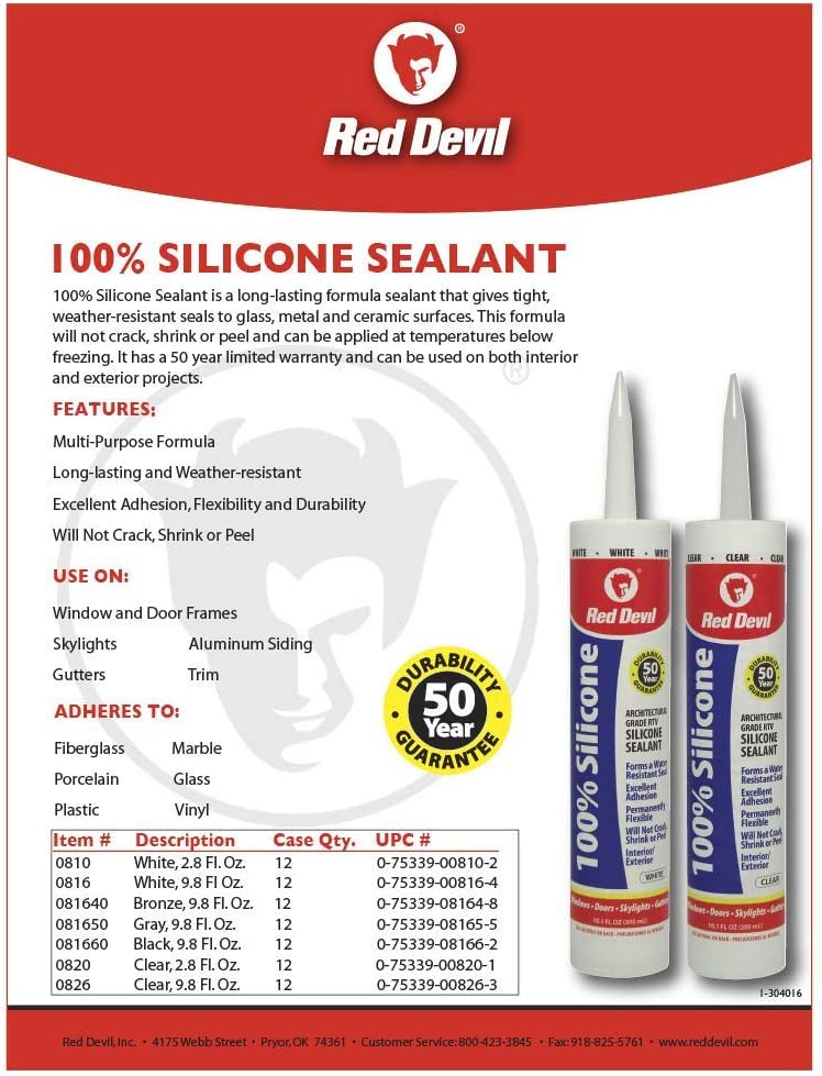 RED DEVIL Red Devil 0826 100% Silicone Sealant Architectural Grade Waterproof Adhesive 9.8 oz Tube