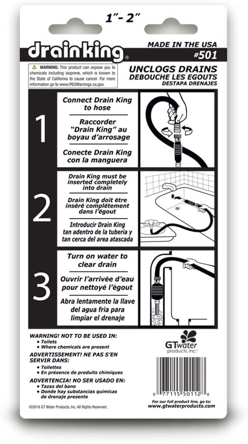 DRAIN KING Drain King 501 Unclogs Bathroom Sinks, Showers, and Swimming Pool Drains, 1 to 2 Inch